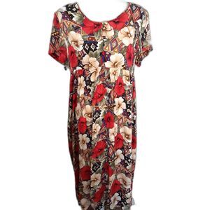 Vintage tropical floral midi dress empire waist rayon short sleeve